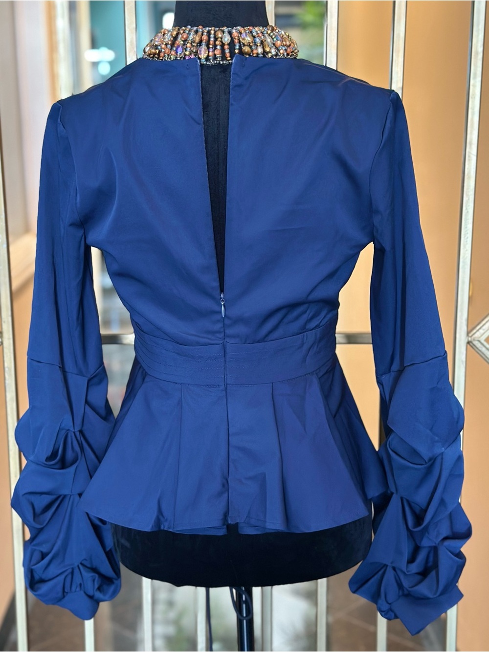 Blue V-Neck Peplum Blouse with Statement Sleeves s:small - Picture 4 of 6